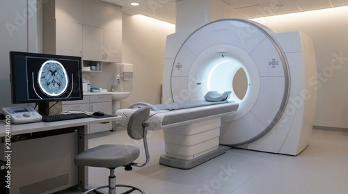Modern Advanced MRI Scanner with Illuminated Bore in Professional Clinical Laboratory Environment - Patient Brain Imaging Technology and Medical Scan Visualization on Workstation