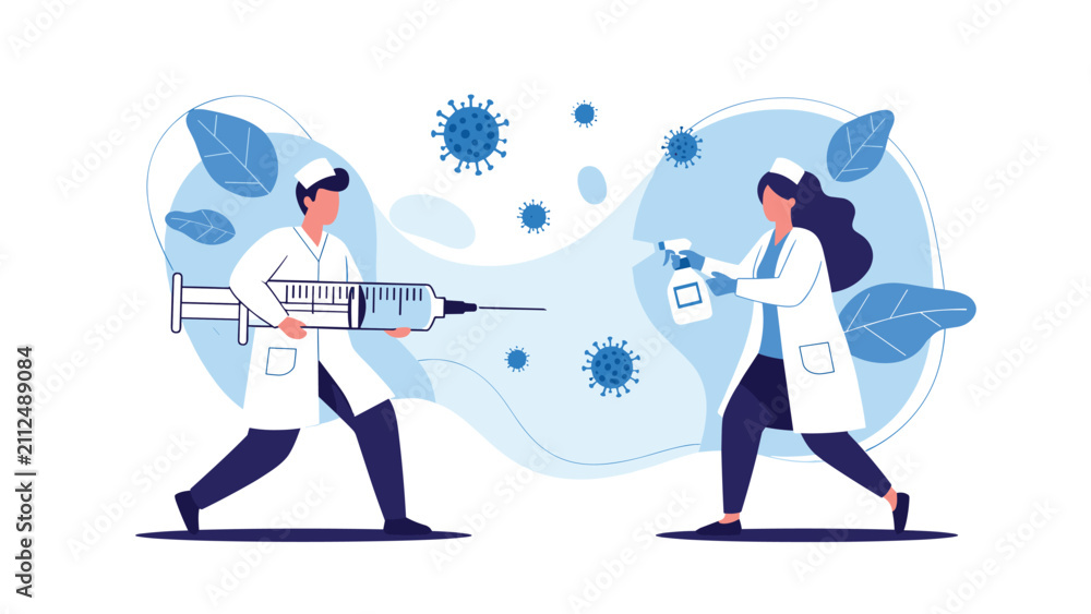 Fototapeta premium Doctors fighting virus molecules with a giant syringe and sanitizer spray bottle to protect public health.