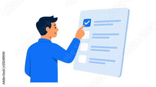 A man in a blue shirt points to a checkbox on a large floating digital form, symbolizing online voting, survey participation, and task completion in a modern vector style illustration for business.