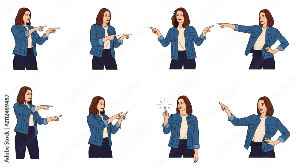 Obraz premium Character set of a young woman in denim jacket and dark trousers showing various pointing gestures on white background.