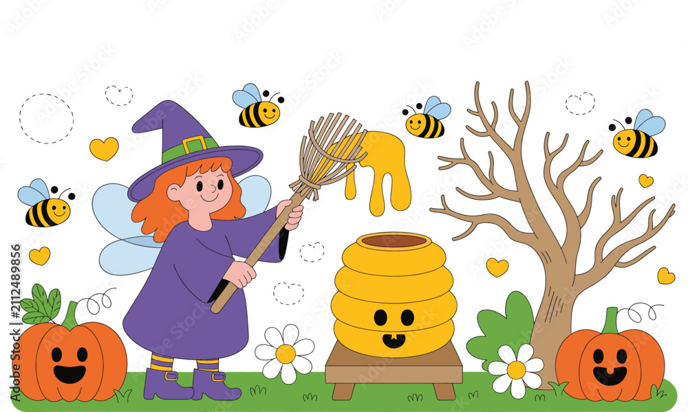 Naklejka premium Halloween Harvest Fairy and Bees: A whimsical illustration of a fairy in a witch's hat, stirring honey with a whisk, surrounded by cheerful bees, pumpkins, and a beehive.