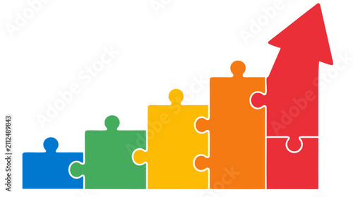 Vibrant multicolored jigsaw puzzle pieces arranged as an ascending bar graph with a large red arrow pointing upward, representing business growth, strategic planning, teamwork, and financial success