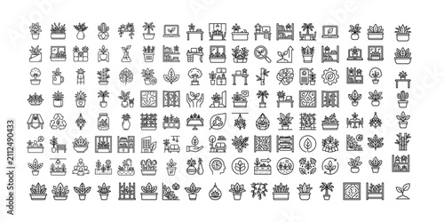 Sustainable Office Plants Line Icons Set Black and White Workplace Greenery Vector Collection