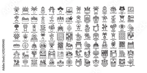 Sustainable Office Plants Line Icons Set Black and White Workplace Greenery Vector Collection