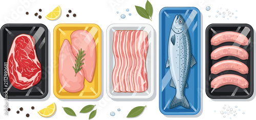 Fresh raw meat fish and poultry products in plastic tray packaging with beef steak chicken breast bacon salmon and sausages vector designs