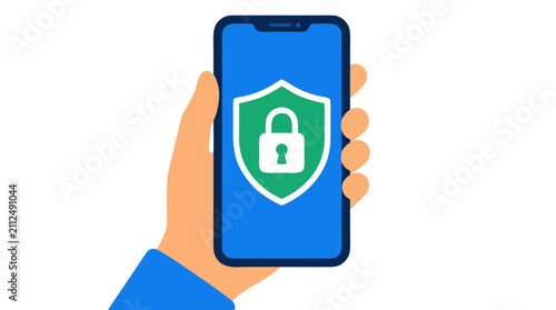Flat vector illustration of a hand holding a smartphone displaying a green shield with a white padlock icon, representing mobile security, data protection, privacy, and digital safety for users