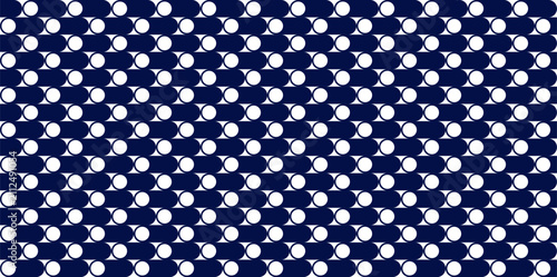Abstract navy blue pattern with white circles and rounded shapes in repetitive alignment
