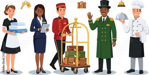 Bild auf Leinwand Hotel staff and hospitality service workers character icon set with maid, recept