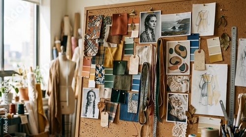 Fashion Designer's Artistic Cork Inspiration Board Displaying Colorful Fabric Swatches, Color Palette Chips, Ribbon Samples, Fashion Sketches, and Reference Photography—Creative Studio Workspace