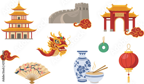 Traditional Chinese culture and landmark vector icon set featuring Great Wall, pagoda, dragon, porcelain vase, lantern, folding fan, and gate isolated on white background