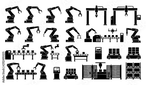 Modern Robotic Manufacturing Silhouette Collection Featuring Automated Production Lines and Industrial Machinery Systems