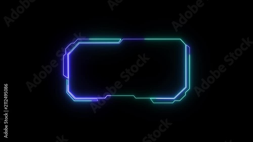Neon frame elements project glowing lines across dark space screens. Sci-fi video presentation packages incorporate this neon frame asset. Digital neon frame borders glow.