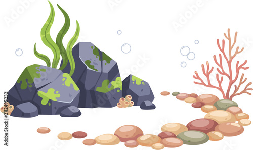 Underwater sea world vector landscape element with marine stones coral reefs green seaweed and pebbles isolated on white background for aquarium designs