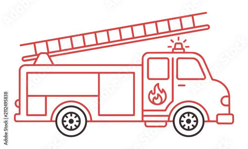 Minimalist fire truck icon with an extended ladder and stylized flame motif on a solid white background