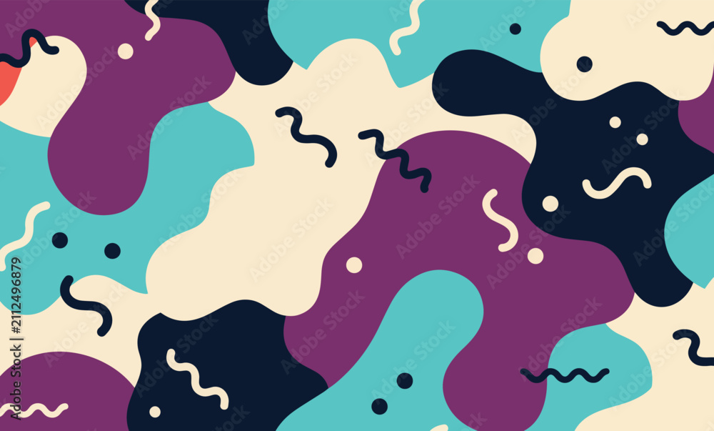 Naklejka premium Abstract Fluid Shapes Vector Background - Vibrant Abstract Organic Shapes and Playful Squiggles Creating a Dynamic and Engaging Retro-Inspired Pattern for Graphic Design