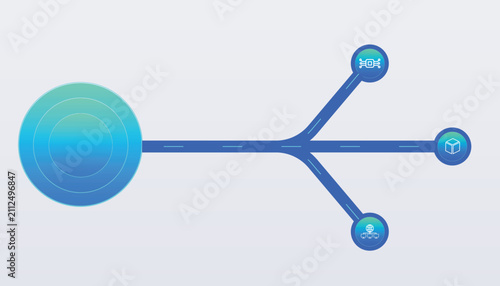 Business infographic with four spherical buttons representing AI technology options: a path tracing an information flow. Diagram, scheme. Icons, intelligent data flow. AI navigation app UI