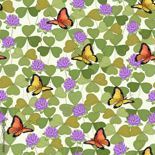 Butterflies in a meadow of blooming clover.Vector pattern with bright butterflies and clover flowers on a colored background.