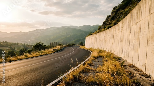 Winding mountain road with dramatic pale concrete retaining wall, curving black asphalt path through golden dry grass landscape with misty mountain valley backdrop and scattered green vegetation