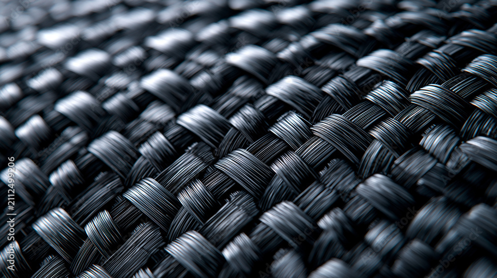 Fototapeta premium Tightly woven carbon fiber weave macro detail filling entire frame with repeating diagonal grid pattern, industrial engineering material background for automotive aerospace technology branding, dark