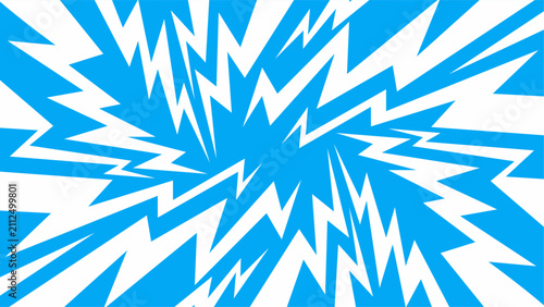 Abstract dynamic explosion with sharp zigzag lightning shapes in blue and white. Energetic comic burst pattern suitable for pop art, action themes, speed effects, and modern graphic
