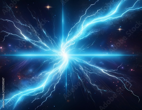 cosmic lightning bolt glowing with blue outline radiating energy against dark galactic background nebula clouds and particles symbolizing strength speed electricity and cosmic power