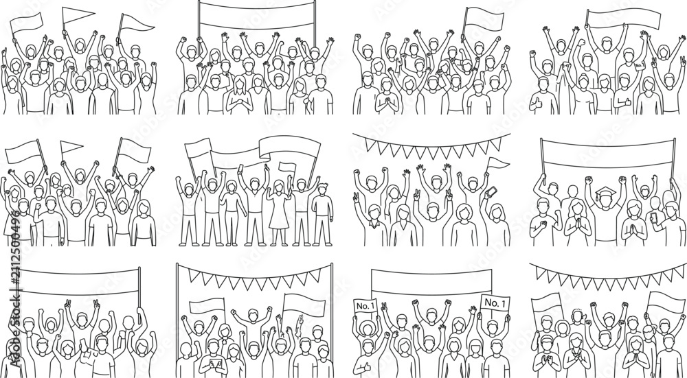 Fototapeta premium Crowd Supporter Outline Collection with Cheering Fans Flags Banners and Celebration Characters