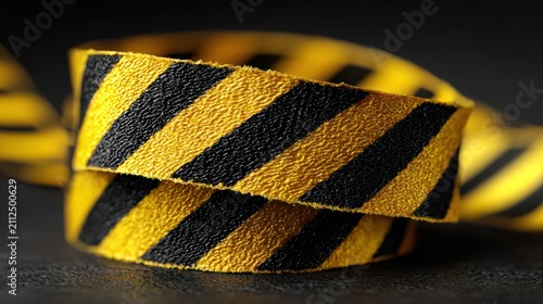 Warning tape close up black and yellow striped pattern on dark backdrop
