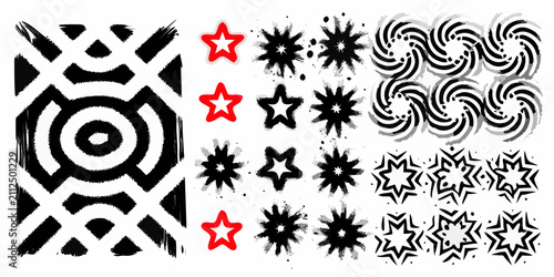 Canvastavla Brushstroke star and geometric ornament collection a black and red vector illust