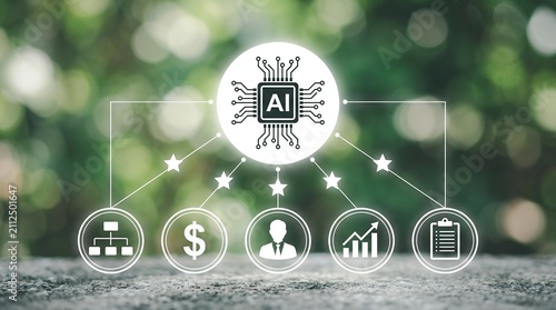 Artificial intelligence AI processor icon, digital business automation symbols, machine learning technology concept on green bokeh background