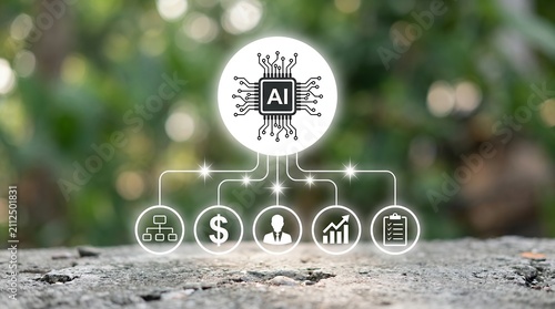 Artificial intelligence processor icon on nature background, AI technology business management concept, digital automation and data analysis icons