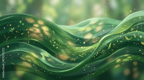 Abstract swirling green forest texture with golden light particles.