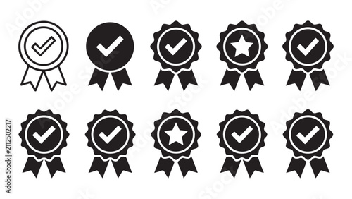 Set of quality seal icons with checkmarks and stars