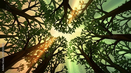 Artistic forest canopy with bright sunbeams through trees.