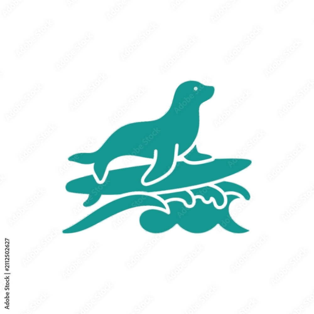 Obraz premium Minimalist Teal Sea Lion Surfing on a Surfboard over Ocean Waves Vector Icon Design