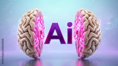 Artificial intelligence concept with glowing AI text between human brain halves, futuristic machine learning technology, digital neural network visualization