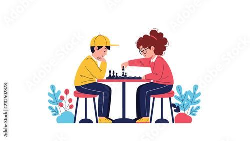 Smart young boy and girl sitting at a small table concentrating deeply while playing a strategic game of chess on white background.