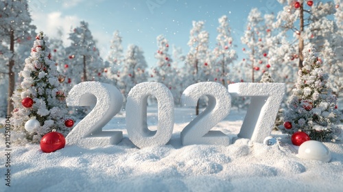 Snowy 2027 text on winter landscape with christmas decorations