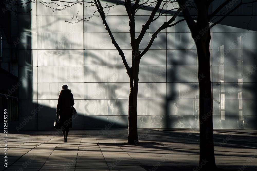 Fototapeta premium Silhouette of a lone pedestrian walking past a sunlit modern concrete building with dramatic tree shadows