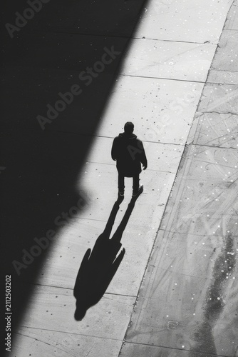 Overhead view of lone pedestrian silhouette and long shadow on sunlit concrete sidewalk with stark diagonal building shadow