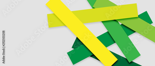 Multiple rectangular strips in green overlap on a neutral light grey background creating an abstract geometric pattern with shadows