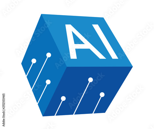 Blue cube and artificial intelligence concept. Electronic lines and AI concept
