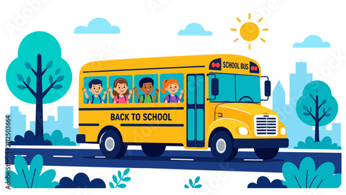 Fotografía Bright yellow school bus travels under sunny sky
