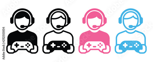 Cuadro en lienzo Four Gamers with Headsets and Controllers Icon Set, Modern Esports Vector Collection Featuring Competitive Players for Online Gaming, Live Streaming, Team Tournaments, Digital Entertainment
