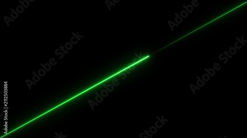 A single straight diagonal line glowing with a bright neon green light against a solid black background representing energy or a laser beam