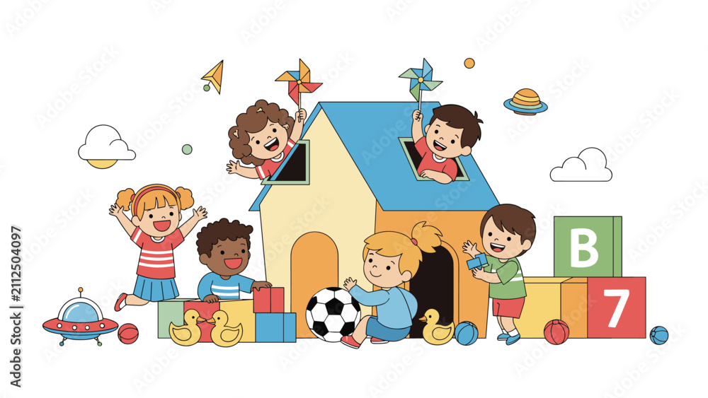 Fototapeta premium Group of diverse kids having fun playing with blocks and toys around a colorful wooden playhouse in a room.