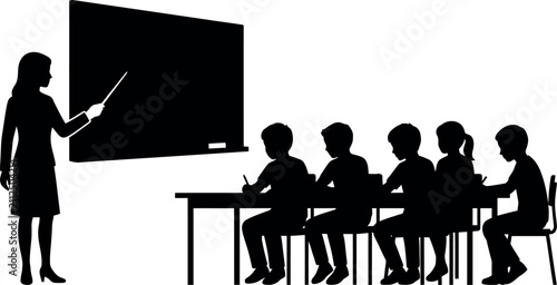 Black silhouette of a teacher instructing students in a classroom setting for a creative teacher's day celebration design