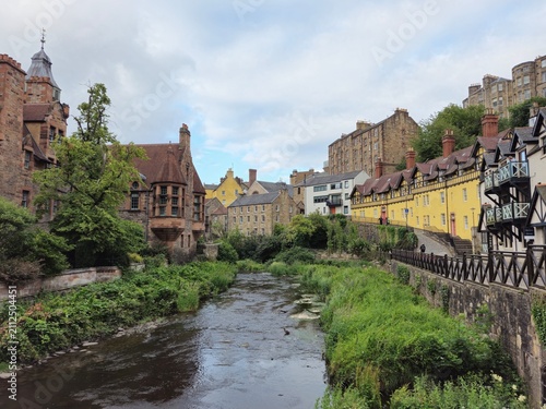 Old houses and Water of Leith river at Dean Village in Edinburgh, Scotland