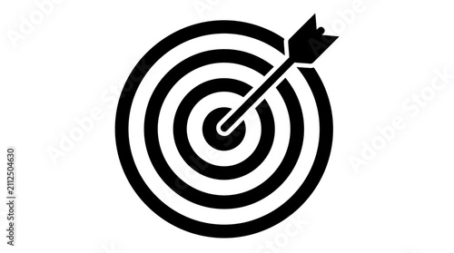 Foto A black and white icon depicting a target with an arrow precisely hitting the center bullseye, symbolizing accuracy, success, and achievement