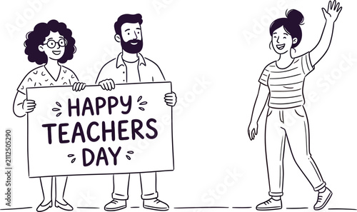 Black and white sketch illustration of happy people holding a sign to celebrate teachers day in school