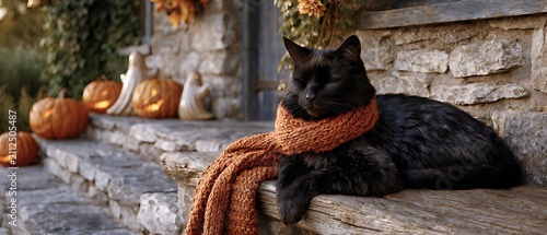 Fluffy black cat wearing orange knitted scarf resting on wooden bench by stone cottage decorated for Halloween